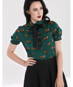 Hell Bunny Vixey Fox 40's Blouse Dark Green New In