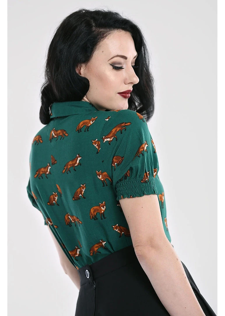Hell Bunny Vixey Fox 40's Blouse Dark Green New In