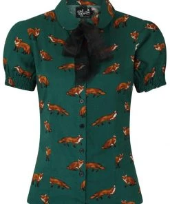 Hell Bunny Vixey Fox 40's Blouse Dark Green New In