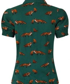 Hell Bunny Vixey Fox 40's Blouse Dark Green New In