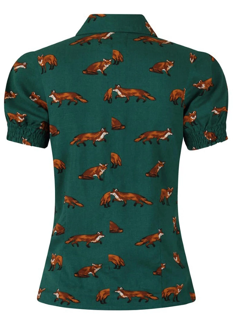 Hell Bunny Vixey Fox 40's Blouse Dark Green New In
