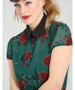 New In Hell Bunny Leonora Rose 40's Blouse Dark Green