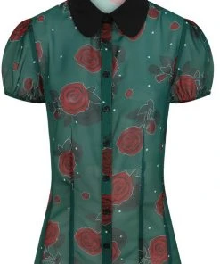 New In Hell Bunny Leonora Rose 40's Blouse Dark Green
