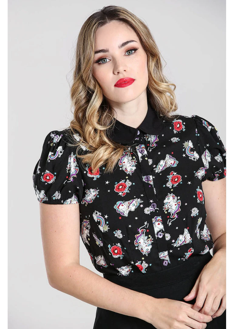 Hell Bunny Star Catcher Unicorn 60's Blouse Black New In