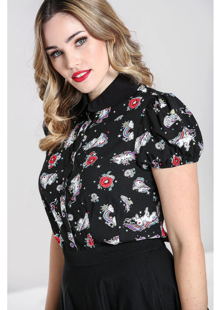 Hell Bunny Star Catcher Unicorn 60's Blouse Black New In