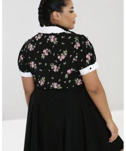 Hell Bunny Bobby Sue Rose 40's Blouse Black New In