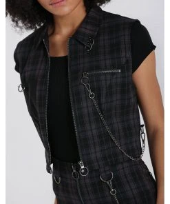 Hell Bunny Cobain Tartan Vest Top Black New In