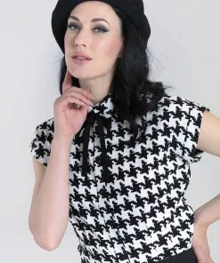 New In Hell Bunny Blake Houndstooth 60's Blouse Black White