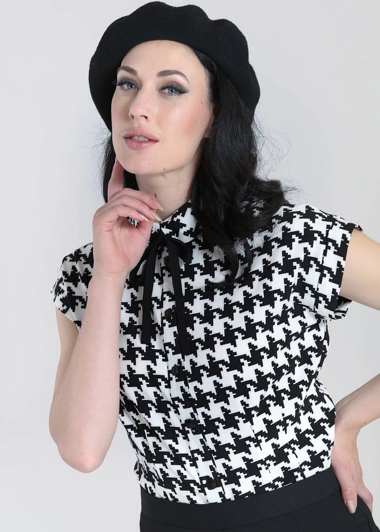 New In Hell Bunny Blake Houndstooth 60's Blouse Black White