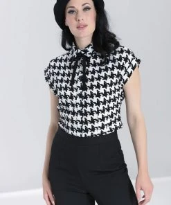 New In Hell Bunny Blake Houndstooth 60's Blouse Black White