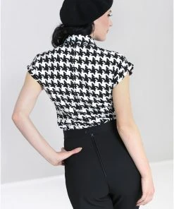 New In Hell Bunny Blake Houndstooth 60's Blouse Black White