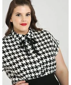 New In Hell Bunny Blake Houndstooth 60's Blouse Black White