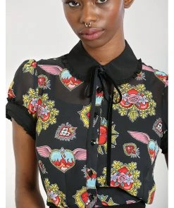 Hell Bunny Amias Sacred Heart 50's Blouse Black New In