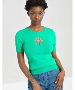 Hell Bunny Flower Power 60's Top Green