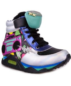 Irregular Choice Boombox Bestie 80's High Top Sneakers Blue Silver New In
