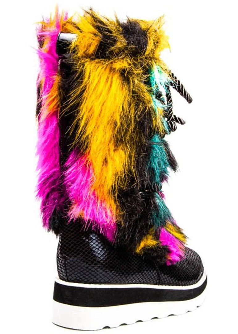 New In Irregular Choice Cheese & Beans Fluffy Boots Black Multi