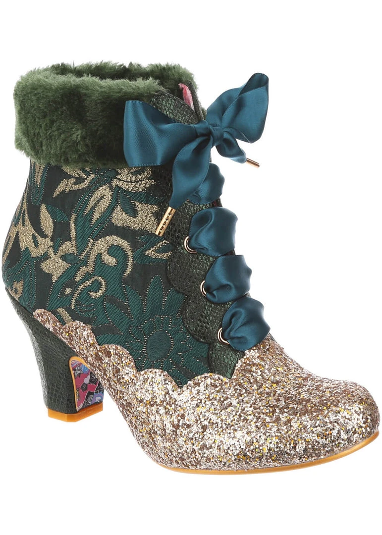 New In Irregular Choice Fancy A Cuppa Glitter 40's Ankle Boots Green