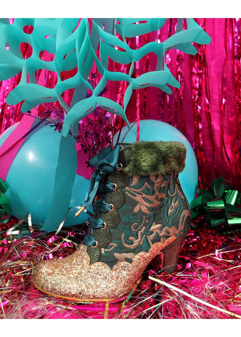 New In Irregular Choice Fancy A Cuppa Glitter 40's Ankle Boots Green