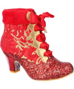 Irregular Choice Fancy A Cuppa Glitter 40's Ankle Boots Red New In