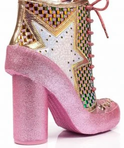 New In Irregular Choice Milovat Star Platform Boots Pink Gold