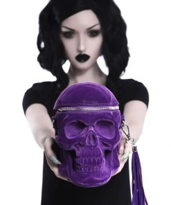Killstar Grave Digger Velvet Skull Bag Plum