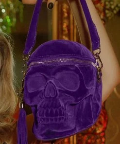 Killstar Grave Digger Velvet Skull Bag Plum
