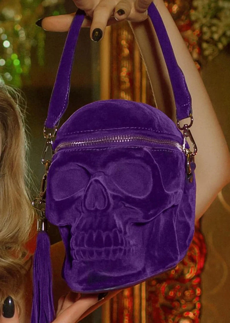 Killstar Grave Digger Velvet Skull Bag Plum