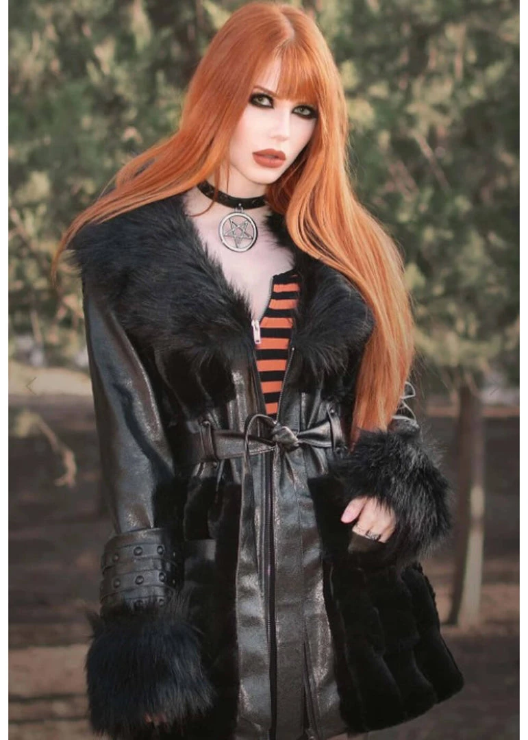 New In Killstar Krystina Faux Fur PU Coat Black