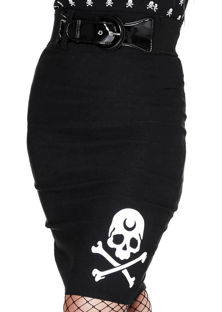 Killstar Rebel Hell Skull Midi Pencil Skirt Black