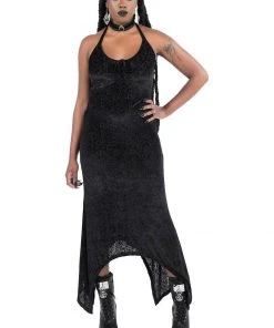 New In Killstar Starry Eyed Velvet 70's Maxi Dress Black