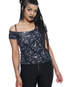 New In Killstar Lulu Skulls 50's Bardot Top Black