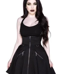 New In Killstar Dark Flair Skirt With Suspenders Black Pinstripe
