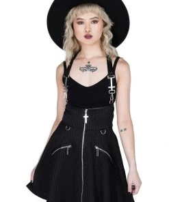 New In Killstar Dark Flair Skirt With Suspenders Black Pinstripe