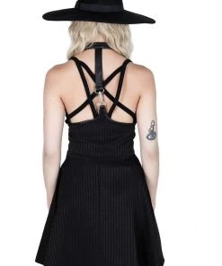 New In Killstar Dark Flair Skirt With Suspenders Black Pinstripe