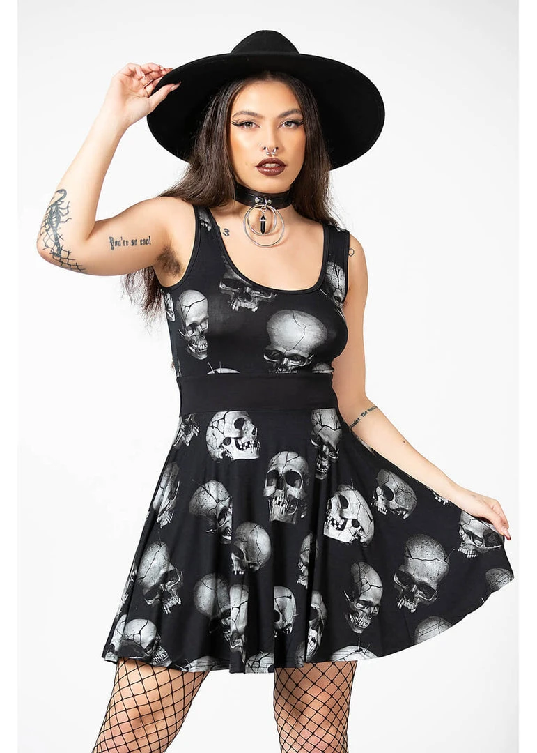 Killstar Heads Rollin' Skulls Skater Dress Black New In