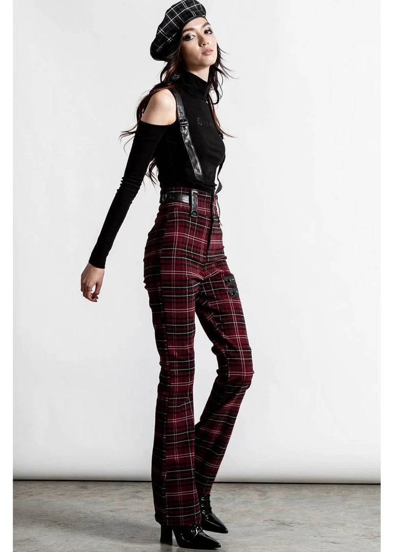 Killstar Prophet Of Doom Trousers With Suspenders Tartan Red New In
