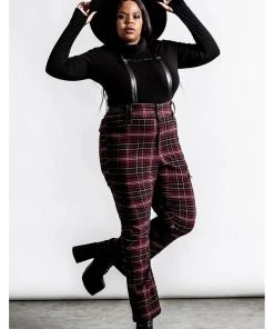 Killstar Prophet Of Doom Trousers With Suspenders Tartan Red New In