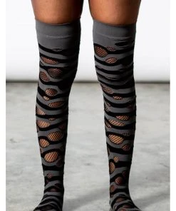 Killstar Wretched Soul Distress Socks Black Grey New In