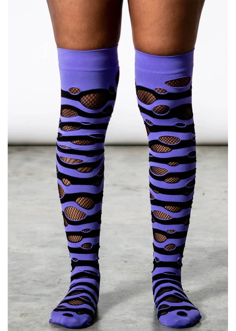 Killstar Wretched Soul Distress Socks Black Purple New In