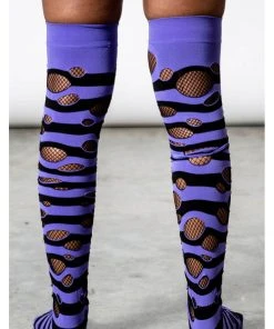 Killstar Wretched Soul Distress Socks Black Purple New In