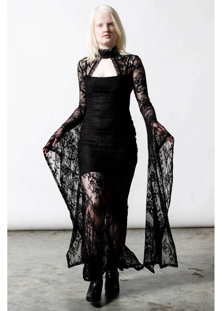 New In Killstar Phenemena Velvet Lace Maxi Dress Black