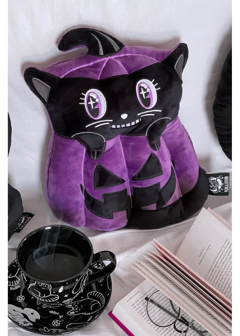 Killstar Meowloween Pumpkin Cat Cushion Black New In