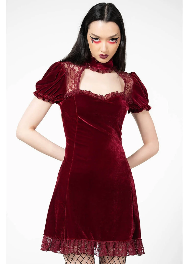 Killstar Julienne Keyhole Velvet 60's Jurk Blood Red New In