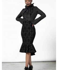 Killstar Candence Flocker Midi Pencil Skirt Black