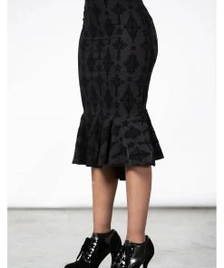 Killstar Candence Flocker Midi Pencil Skirt Black