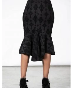 Killstar Candence Flocker Midi Pencil Skirt Black