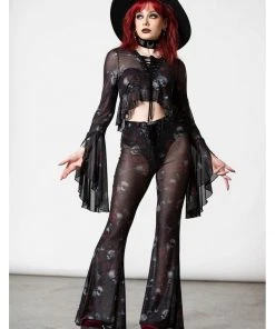 Killstar Spirala Mesh Bell Bottoms Flare Trousers Black