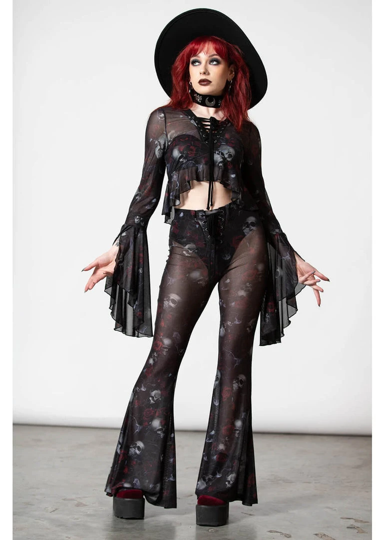 Killstar Spirala Mesh Bell Bottoms Flare Trousers Black