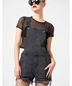 New In Killstar Blackbell Denim Overalls Shorts Black