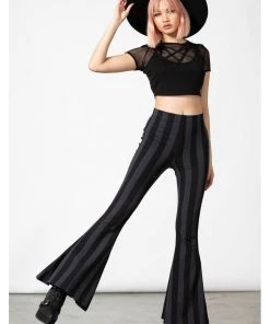 New In Killstar Inferno Room Stripe 70's Flare Trousers Grey